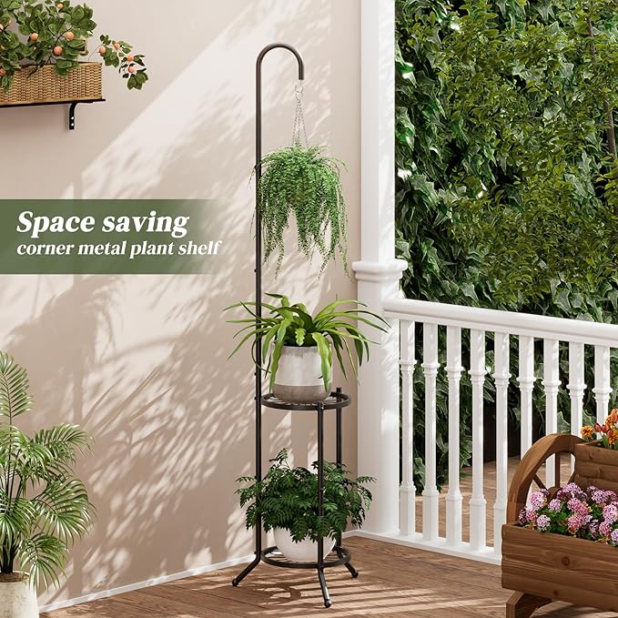 2-tier Hanging Plant Stand Indoor and Outdoor, Space-Saving Iron Plant Shelf, 3 Potted Flower Pot Stand ,Planter Holder for Bedroom Balcony Living Room Patio Garden(Hook Style)