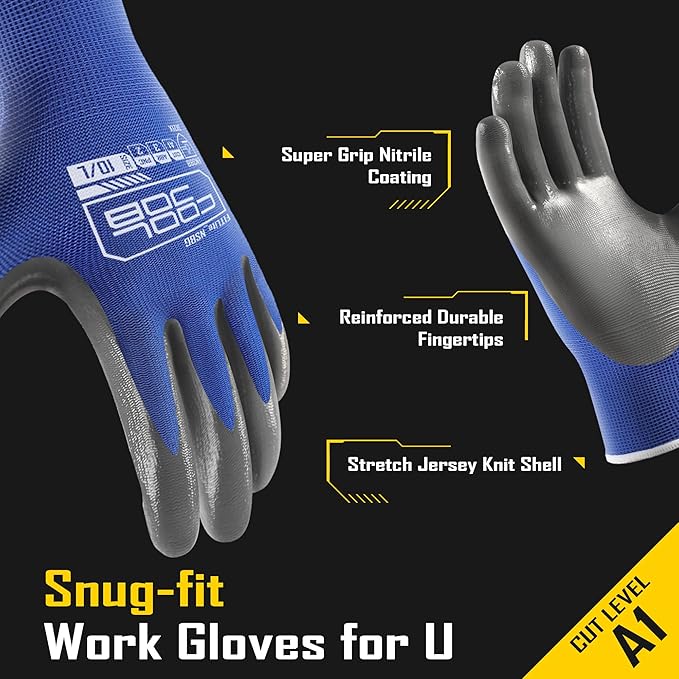 COOLJOB 20 Pairs Nitrile Dipped Safety Work Gloves with Grip, Non-slip Rubber Coated Bulk Garden Gloves for Men, Heavy-duty Oil Resistant for Truck Driver, Warehouse Box Handler, Small, Gray Blue
