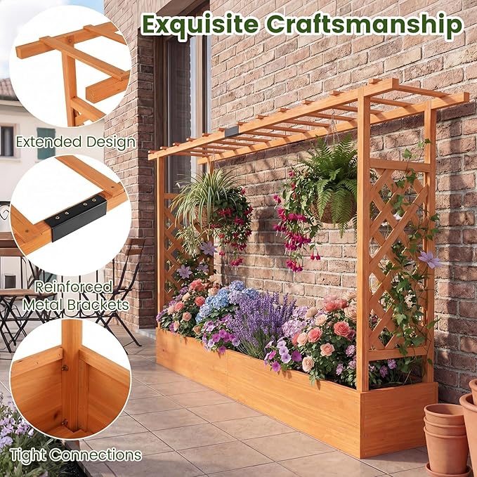 S AFSTAR Raised Garden Bed with Trellis, 2-in-1 Fir Wood Planter Box with Flat Roof & Drainage Holes, Vertical Planter Raised Bed for Climbing Plants, Flowers & Vegetables, 87" x 14" x 45" (Orange)