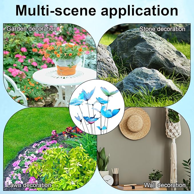 12pcs Decorative Butterfly Plant Stakes, 9.8in Lifelike Butterfly Garden Stakes PVC Waterproof Flower Pot Decorations for Garden Lawn Patio Indoor Outdoor Yard Planter Art Decor (Blue)
