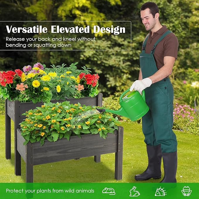 RELAX4LIFE 2-Tier Raised Garden Bed - Fir Wood Garden Elevated Planter Box with Legs, 8 Drainage Holes,220 Capacity for Growing Vegetable, Elevated Garden Bed for Outdoor Yard Patio Balcony (Gray)