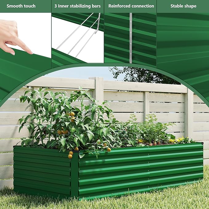 FOOWIN 4pcs 8x4x2ft Galvanized Raised Garden Bed, Planter Raised Garden Boxes Outdoor, Large Metal Raised Beds for Gardening, Garden Bed for Vegetables, Flowers, Herb,478 Gallon Capacity, Green