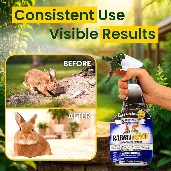 Nature’s Mace Rabbit Concentrate, Outdoor Rabbit Repellent Spray, Mint Scent, Safe for People, Pets & Plants, Protects Garden & Lawn from Rabbits 40 Fl Oz (Pack of 1)