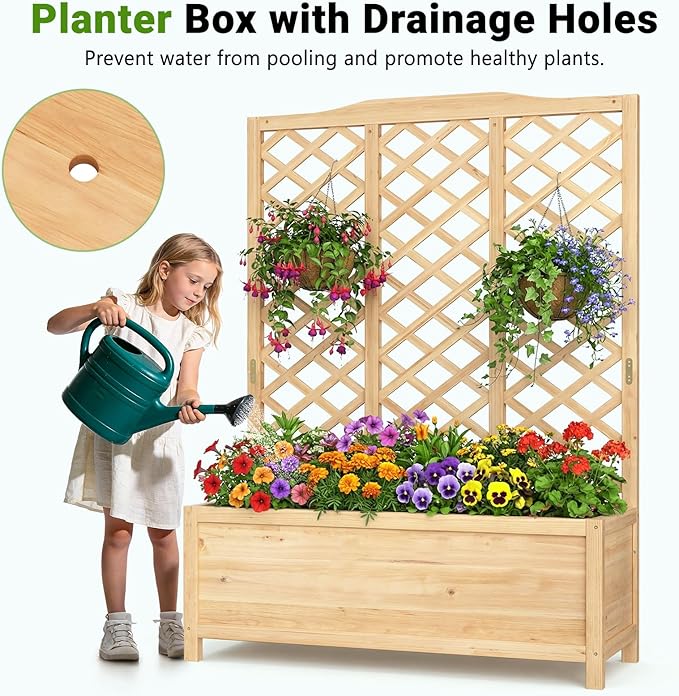DoCred Raised Garden Bed with Trellis, 44" L x 16" W x 59" H Freestanding Elevated Planter Box for Climbing Plants, Outdoor Wooden Privacy Screen with Garden Box for Backyard Patio Balcony Decor