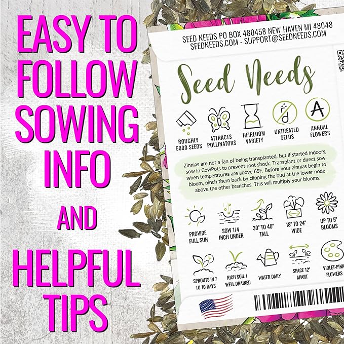 Seed Needs Zinnia Seeds Violet Queen Variety Fast Blooming | 5,000+ Heirloom & Open Pollinated Seeds | Annual Cut Flowers Large Blooming | Bulk