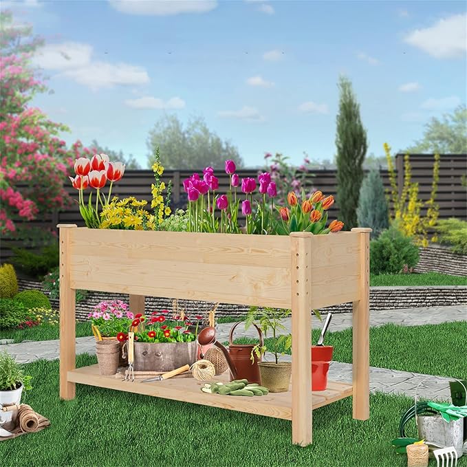 GARFANS Raised Garden Bed Wood Planter Box with Storage Shelf for Vegetable Flower Herb Raised Planter Box with Legs Outdoor Elevated Garden Bed Kit Grow Box for Garden Backyard Patio