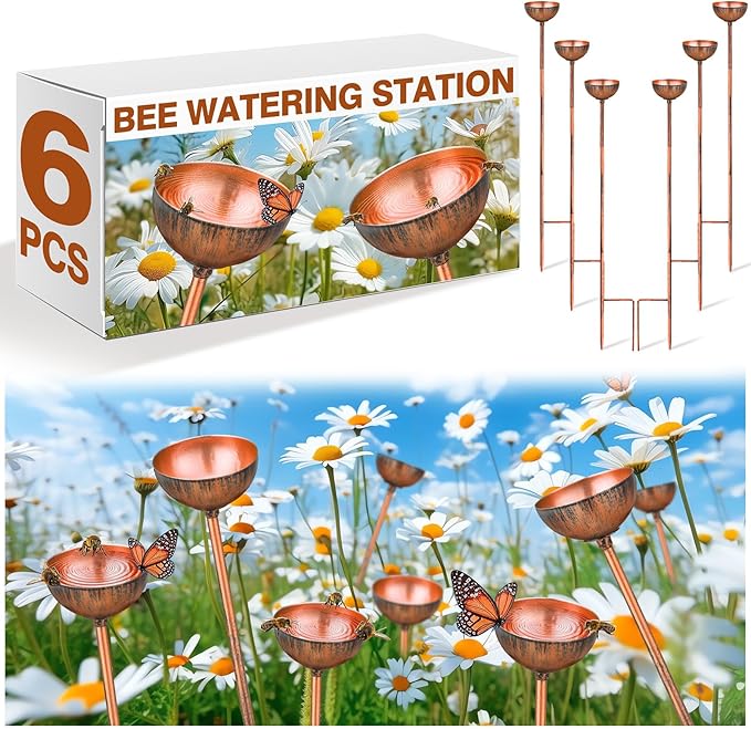 Teenyyou 6 Pcs Bee Watering Station for Garden Bee Metal Watering Cups Butterfly Water Feeder Small Insects Bath Bowl Cups Metal Stakes for Outdoor Garden Decor, Copper