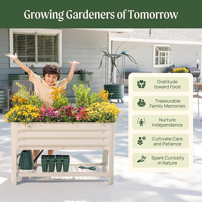 Elevated Raised Garden Bed for Kids, 16"(W) x 36" (L) x 22"(H) Outdoor Planters Box with Legs & Storage Rack, Solid & Safe Raised Beds for Gardening Herbs Vegetables Flowers, Olive Green