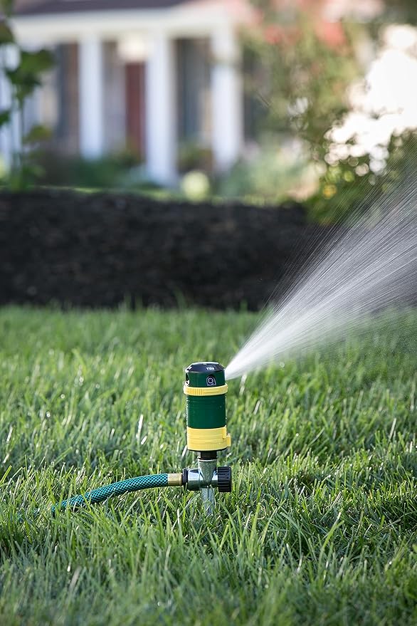 Melnor 65404AMZ Turbo Rotary Sprinkler on Step Spike, 4-Pattern, QuickConnect Product Adapter, Green, Yellow