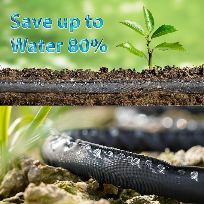 Flat Soaker Hose 150 ft, Drip Sprinkler Hoses with Stakes for Garden Beds, Lawns, and Orchards, Save 70% Water Leakproof Double Layer Design (75ft ×2P)
