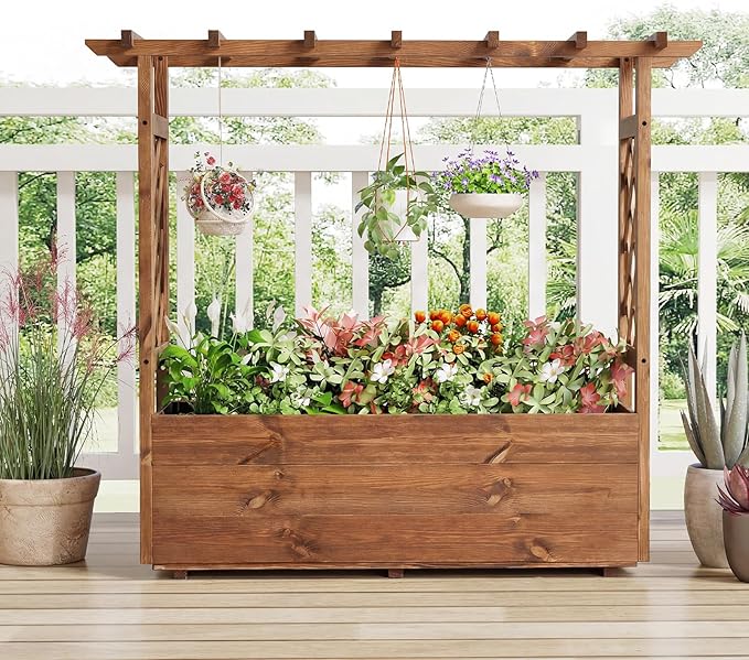 Giantex Raised Garden Bed with Sided Trellis & Roof, 45”x16”x41” Wood Elevated Planter Box, Freestanding Garden Planter Raised Bed for Flowers Herbs Climbing Vines,Brown,1