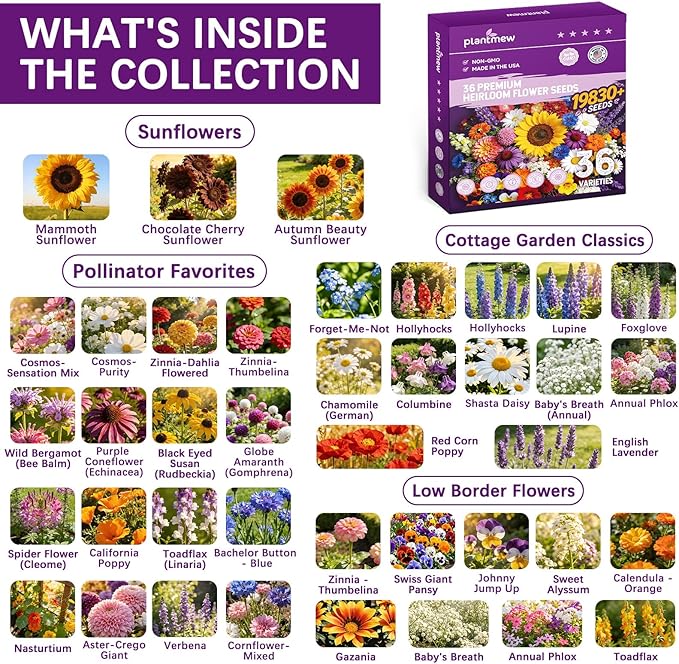 Wildflower Seeds Mix 1/2 lb 36 Varieties Perennial& Annual Flower Seeds Set for Planting，Non-GMO Heirloom Seed, Bulk Wild Flower Seeds for Indoor & Outdoors, Individual Seed Packets for Home Garden