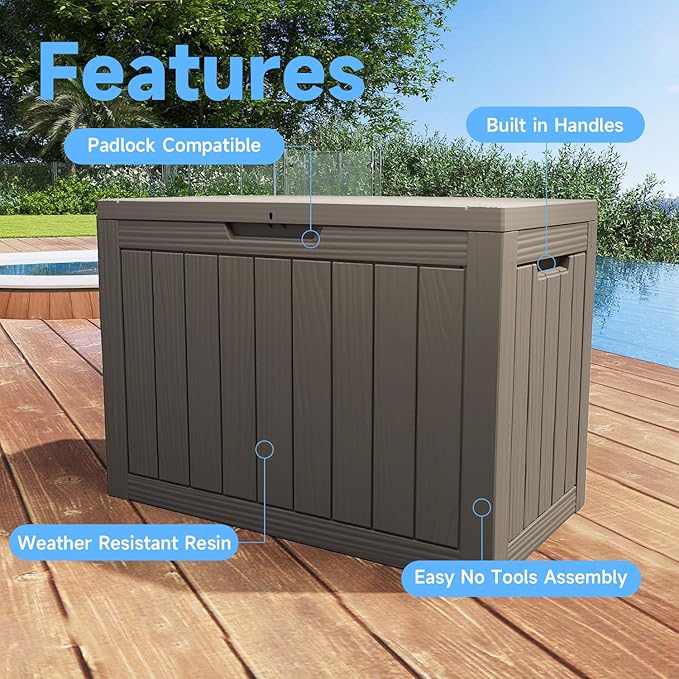 45-Gallon Outdoor Storage Box, Waterproof Deck Box for Patio Cushions, Garden Tools, Pool Accessories, Lockable Outside Storage Bin for Backyard & Deck (Grey)