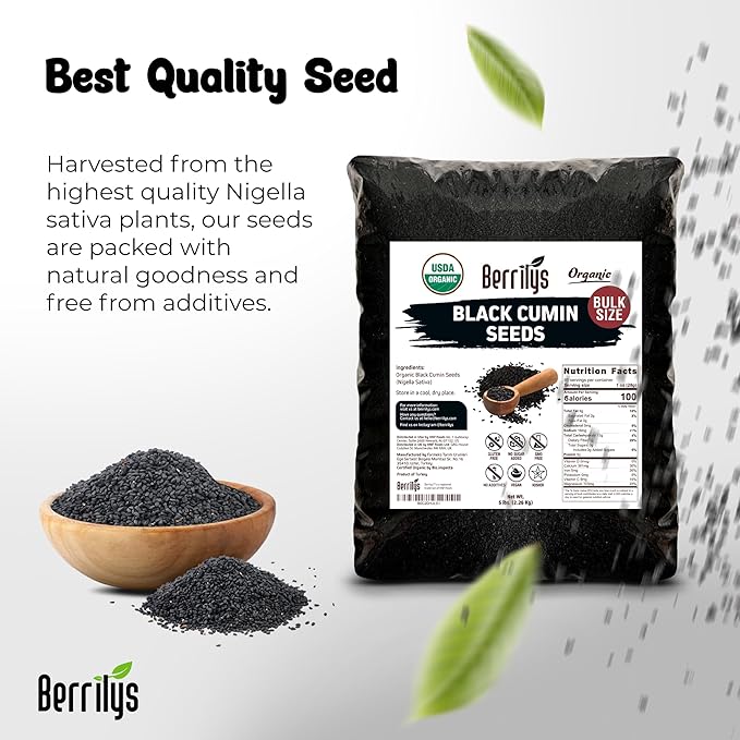 Black Cumin Seeds, Organic, Berrilys, 5 LB, Also Known As Nigella Sativa, Kalonji, Black Seed, Great for Baking, Cooking and Bread Making, Vegan, Keto Diet