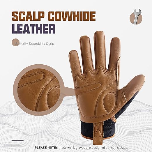 HANDLANDY Leather Work Gloves Mens & Women, Utility Safety Mechanic Working Gloves Touch Screen, Flexible Breathable Yard Work Gloves (X-Large, Brown-Cowhide Palm, Pack of 3)