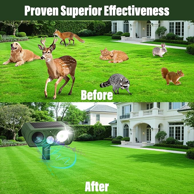 Solar Ultrasonic Animal Repellent, Deer Repellent Devices Waterproof with Motion Detection, Cat Repellent Outdoor Squirrel Skunk Rabbit Raccoon Dog Mouse Deterrents Animal Repeller for Yard Farm
