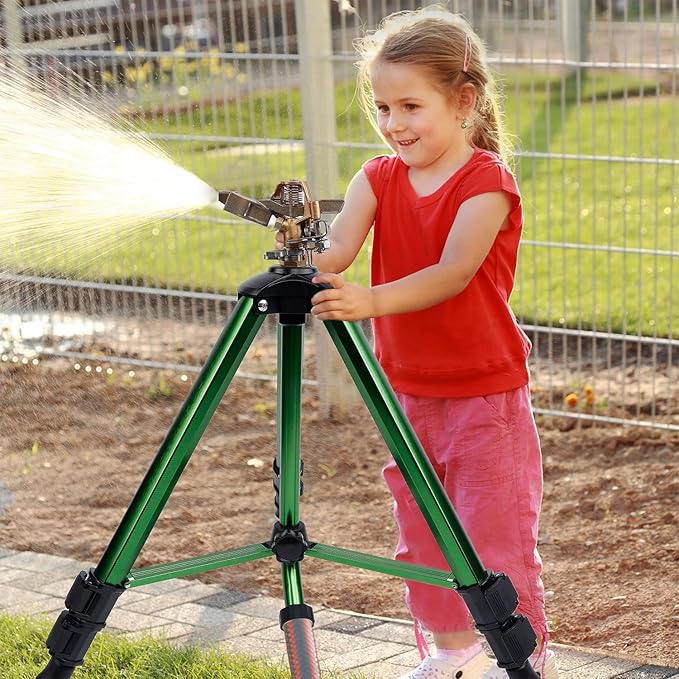 Biswing Impact Sprinkler Head on Tripod Base, Heavy Duty Lawn Sprinklers, 360 Degree Large Area Irrigation, Metal Sprinkler Nozzle & Solid Alloy Metal Extension Legs Flip Locks, 1 Pack
