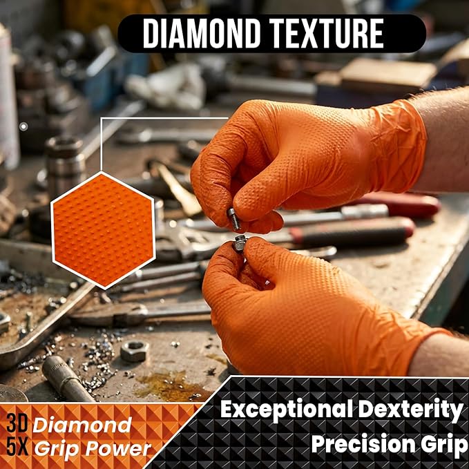 10 Mil Nitrile Disposable Gloves Heavy Duty Mechanic Gloves Raised Diamond Texture Thick (Orange of 1000,Medium)