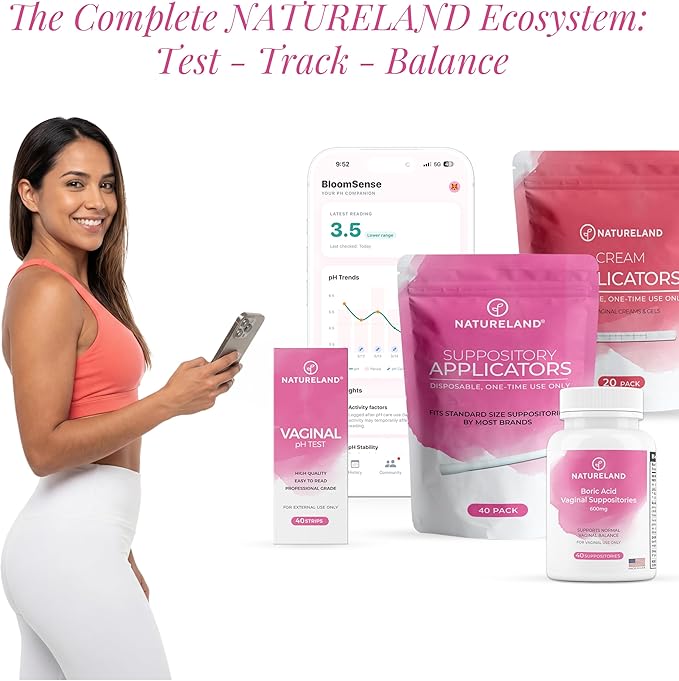 NATURELAND Vaginal pH Test Strips for Women – At-Home BV and Yeast Infection Test Kit, with BloomSense App, Accurate 3.5-6.5 Range, Foil-Sealed (10 Strips)