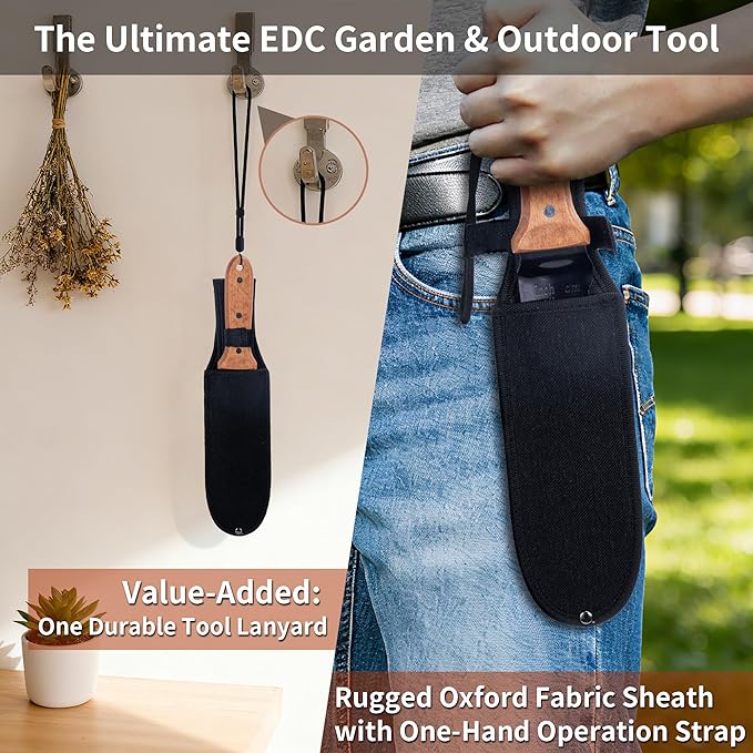 YANG Hori Hori Garden Knife, 7" Stainless Steel Gardening Knife with Oxford Cloth Sheath, Full Tang Beechwood Handle Garden Tool for Digging, Planting & Weeding, Pointed Tip for Hard Soil