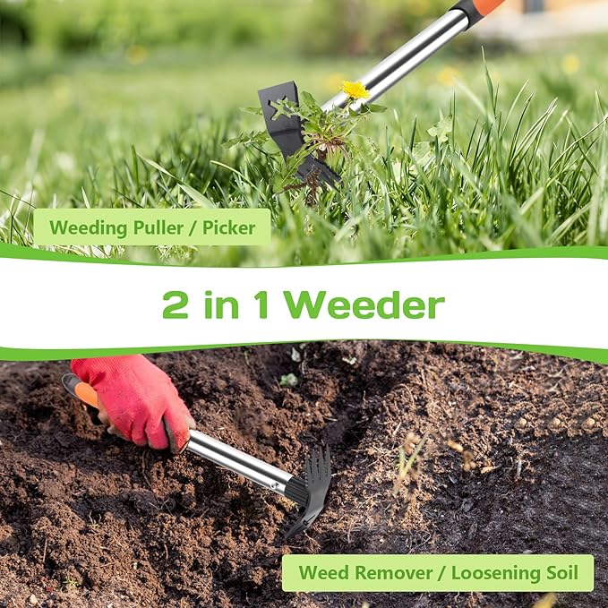 Upgraded 17" Weed Puller Tool, Portable Garden Weed Pulling Tool for Weeding Uprooting Planting, 2 in 1 Hoe & 4 Teeth Rake Manual Weeder, Durable Weed Remover Gardening Hand Tools for Yard Lawn Farm