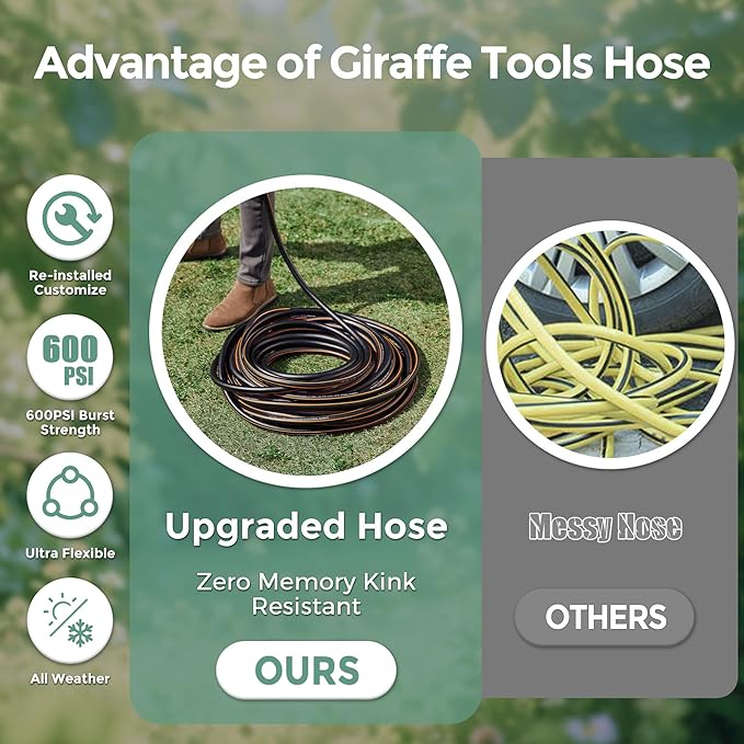 Giraffe Hybrid Leader Hose 5/8" x 15ft, Custom Length, NO Kink, Flexible, Leakproof Water Hose with Male to Female Fittings, 600 Burst PSI