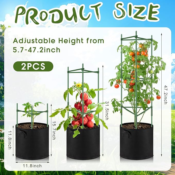2 Pack 47" Tomato Cages with 10 Gallon Grow Bag Adjustable Tomato Cages for Garden Trellis Pots for Potted Plants Vertical Climbing Vegetables Outdoor Indoor