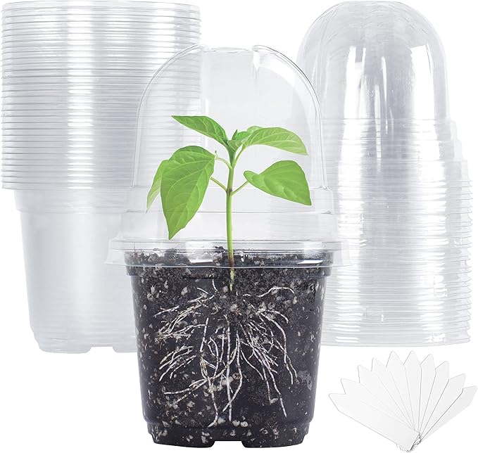 Bonviee 30 Sets Plant Nursery Pots with Humidity Domes, 4 Inch Clear Nursery Pots (30 Pots + 30 Clear Lids), Seed Starter Pots Small Planter Containers with Drain Holes with 10 Plant Labels- Clear