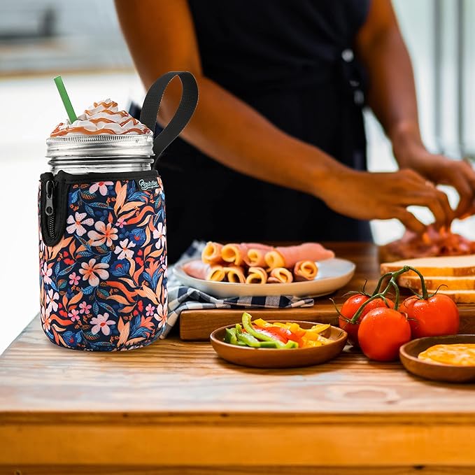Beautyflier Mason Jars 32oz Wide Mouth Sleeve Regular Mouth Mason Jars Insulators Drinking Glass Coolers Sprouting Jars Blackout Sleeve (Colorful Flowers)