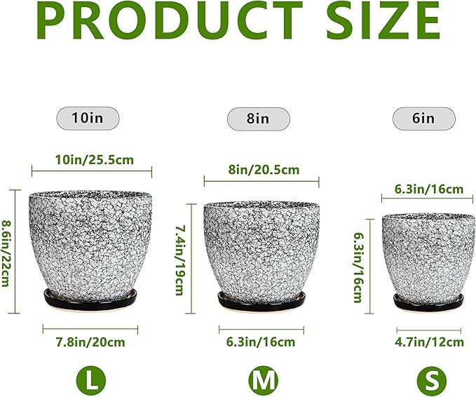 Ceramic Pots for Plants - 10+8+6 Inch Round Flower Pots with Drainage Holes and Saucers, Decorative Planters for Indoor Outdoor, Porch Decor, Housewarming Gifts, Set of 3, White-Black