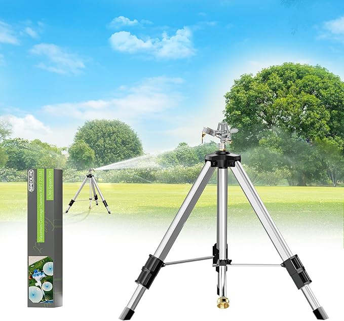 SPECILITE Brass Impact Sprinkler on Tripod Base, 48” Heavy Duty Metal Pulsating Telescoping, 360 Degree Irrigation for Large Area, Yard, Lawn, Waters up to 85ft, Covering up to 6200sqft