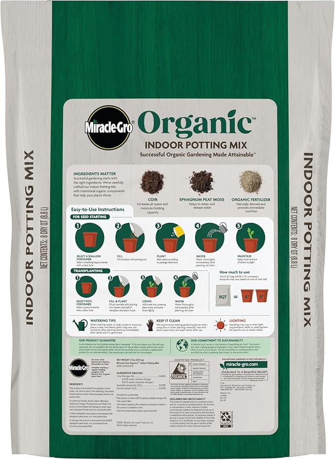 Miracle-Gro Organic Indoor Potting Mix - Protects Against Over and Under Watering, Planting Soil for Indoor Container Plants, Houseplants and Starter Plants, OMRI Listed, 8 qt. (3-Pack)
