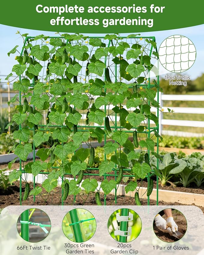 Cucumber Trellis for Climbing Plants Outdoor, A-Shape Garden Trellis for Raised Bed, Metal Plant Trellis with Garden Netting for Flower Vegetables, Pea, Grape (50 * 17 * 65inch(L*W*H)