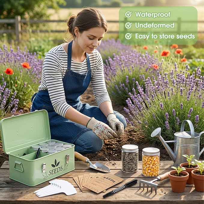 Seed Storage Organizer, Metal Garden Seed Storage Box Kit with 18 Wide-Mouth Vials, 30 Plant Tags, 30 Envelopes, 500 Labels and 1 Marker, for Garden Flower Plants