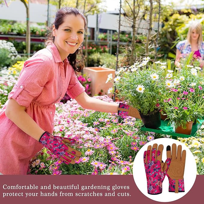Leather Gardening Gloves for Women Thorn Proof Garden Gloves Touch Screen Working Gloves Gifts,M