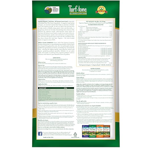 Espoma Turf-Tone All Season Organic Lawn Food with Iron & Exclusive Bio-Tone Formula - Slow Release Long Lasting Feeding for All Lawns - Granular Lawn Fertilizer for All Seasons - Made in USA, 28 lbs