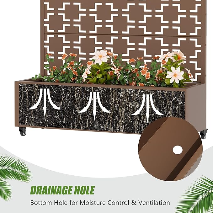 Casaphoria Metal Raised Garden Bed with Trellis and Wheels, 72"x47"x16" Arched Planter Box for Climbing Plants, Vegetables & Vines, Features Drainage Holes and Privacy Screen, Brown-Square