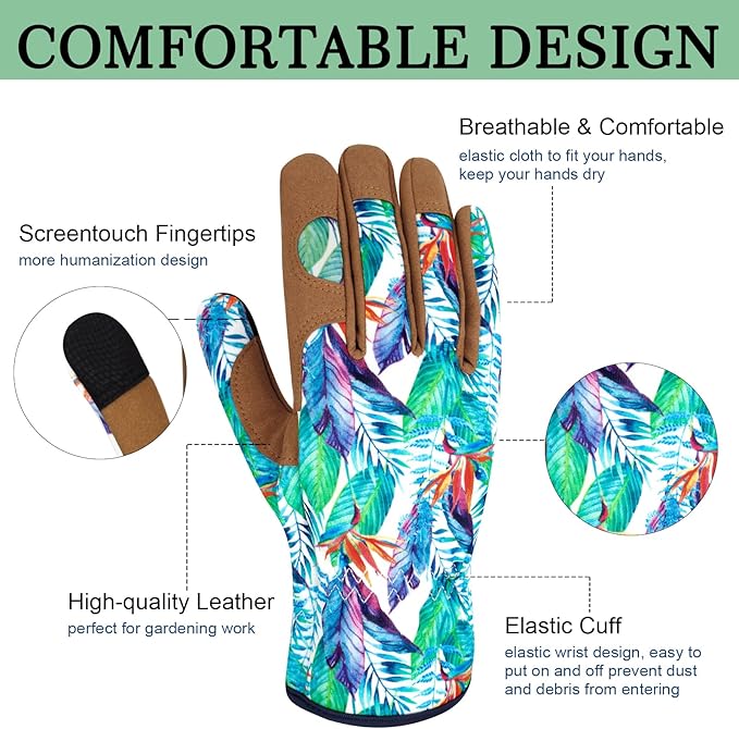 Leather Gardening Gloves for Women Thorn Proof Garden Gloves Touch Screen Working Gloves Gifts,M