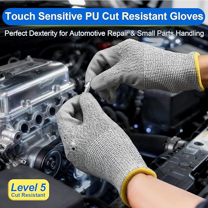 Dowellife 12 Pairs Level 5 Cut Resistant Work Gloves for Men and Women, PU Coated Breathable Gardening Gloves, Thin Flexible and Firm Grip for Mechanics and Fishing (Medium, Grey)