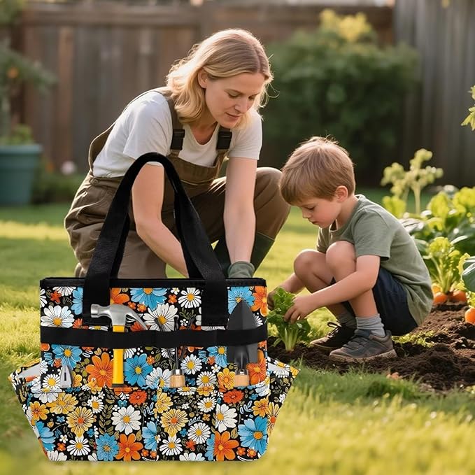 Hippie Flower Garden Tool Bag Portable Gardening Tool Organizer Bag with 10 Pockets and Handle Tool Carrier and Storage for Garden Lawn Yard Casual Camp