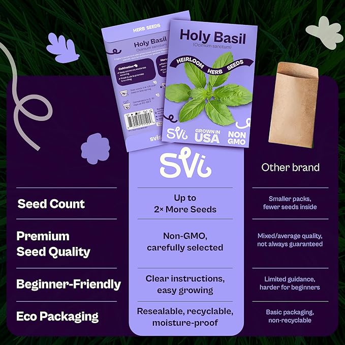 SVI 900 Holy Basil Seeds (Ocimum Sanctum) – Sacred Krishna Tulsi Seed Packets, Fragrant, Edible Basil – Non GMO Heirloom Herb Seeds for Outdoor & Indoor Herb Garden