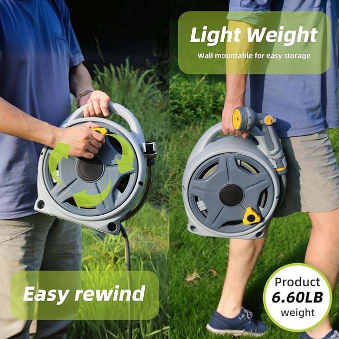 Retractable Garden Hose Reel, 1/2"x 50FT Heavy Duty Hose with 10 Spray Patterns - Leakproof, Durable & Compact Design for Garden Watering, Car Washing, Pet