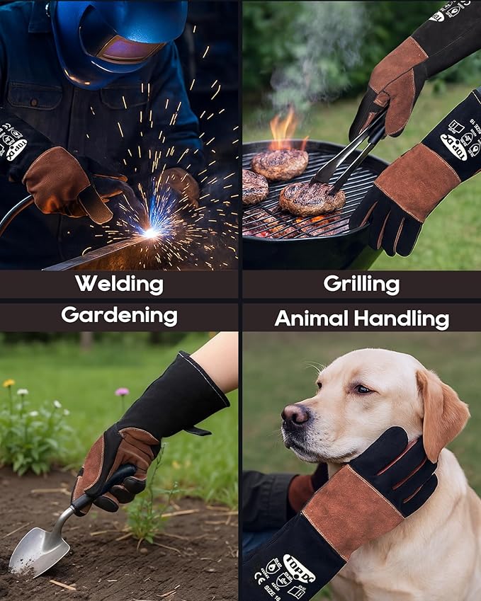 TOPDC Welding Gloves 16Inch 1000℉Heat/Fire Resistant Reinforced Leather Fireproof Gloves with Kevlar Stitching for Mig, Tig, Stick, Forge, BBQ, Grill, Oven, Fireplace, Furnace, Animal Handling, MEDIUM