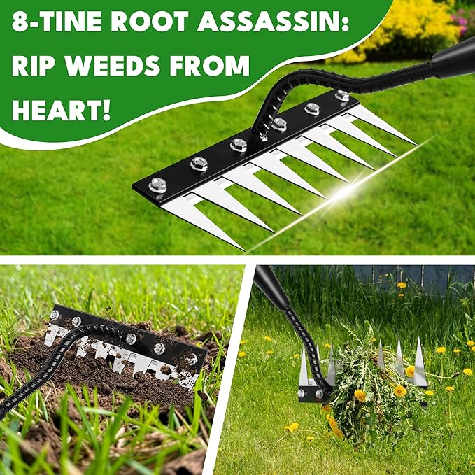 Iron Weeding Rake with Long Handle 2.0, Upgraded 8 Teeths Garden Weed Puller Tool Heavy Duty Gardening Tool for Lawn, Flower Beds & Soil Aeration