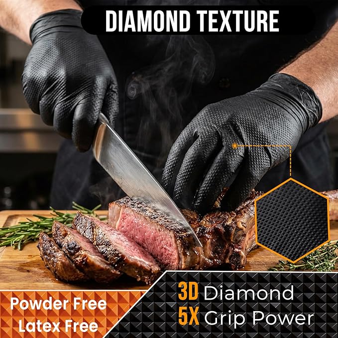 10 Mil Nitrile Disposable Gloves Heavy Duty Mechanic Gloves Raised Diamond Texture Thick (Black of 1000, Large)