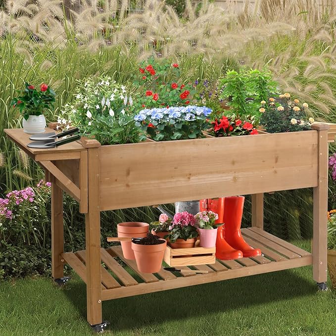 Raised Garden Bed,Herb Garden Planter Outdoor with Lockable Wheels, Storage Shelf, Protective Liner, for Herbs, Vegetables, Flowers,Outdoor Patio, Deck, Balcony，55.5x24x32 in