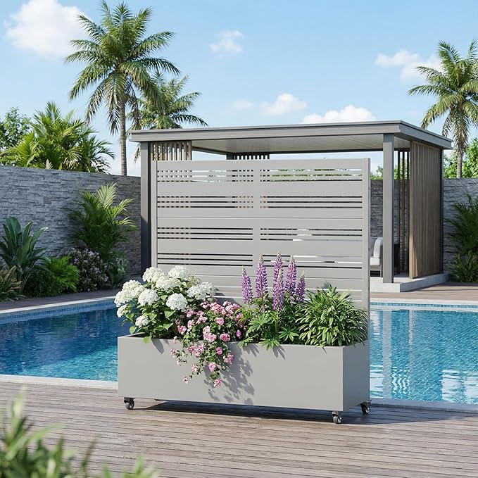 Casaphoria Metal Raised Garden Bed with Trellis and Wheels, 47"x47"x16" Planter Box for Climbing Plants, Vegetables & Vines, Features Drainage Holes and Privacy Screen, Grey-Harold