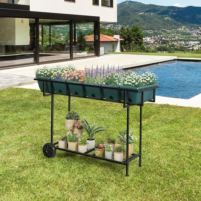 Vrisa Raised Garden Bed with Legs 43x17x29 in Plastic Elevated Planter Box Outdoor with Storage Shelf and Wheels Vegetables Herbs Flowers Standing Garden Beds for Backyard, Patio, Balcony, Green