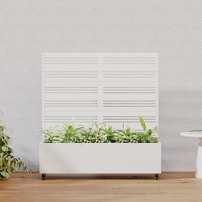 Casaphoria Metal Raised Garden Bed with Trellis and Wheels, 47"x47"x16" Planter Box for Climbing Plants, Vegetables & Vines, Features Drainage Holes and Privacy Screen, White-Harold