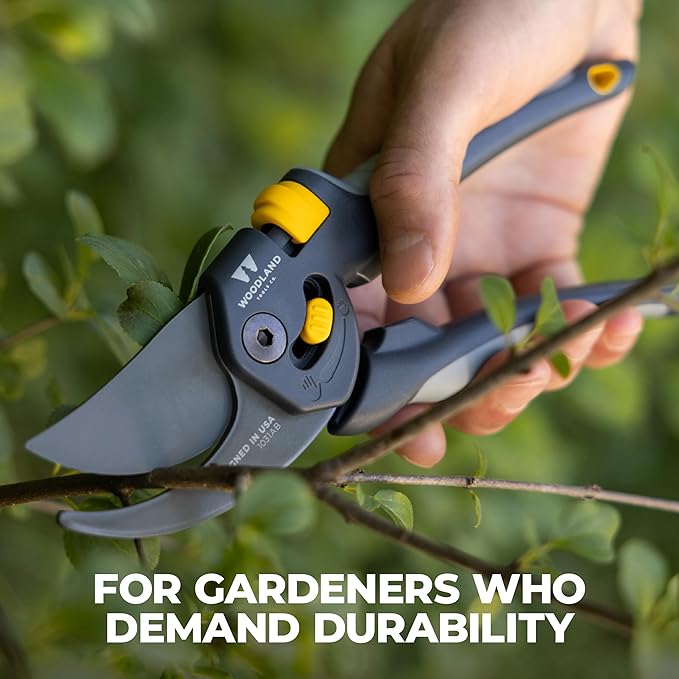 Woodland Tools Co. Heavy Duty Bypass Pruning Shears – 5/8" Cut Capacity, High Carbon Steel Blade, Internal Spring, Adjustable Grip Slider, Garden Hand Pruner for Plants, Shrubs, and Live Stems
